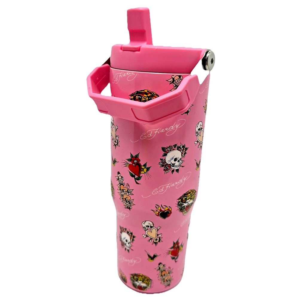 Ed Hardy Tumbler Pink Stainless Steel Skull Tiger Tattoo Art Straw Handle NWT